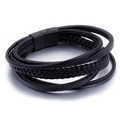 Mehrlagiges schwarzes Lederarmband für Herren mit magnetischem Edelstahlverschluss - Schwarze Schnalle (KB92476-K) / Schwarz