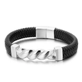 Bracciale da uomo in pelle intrecciata nera con inserto in acciaio e chiusura lucidata - Taglia predefinita / Stile Acciaio (KB136095-KFC)