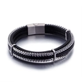 Bracciale multistrato da uomo in pelle nera intrecciata con catena in acciaio e chiusura magnetica - Argento (KB92958-BD)