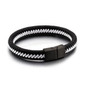 Braided genuine leather bracelet for men featuring black and white cord and matte metal clasp - Black and White Braided Style (KB87374-BD)