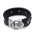 Bracciale largo in pelle nera da uomo stile punk con borchie a teschio argento - Stile teschio intrecciato nero (KB100281-BD)