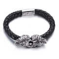 Pulsera para hombre de cuero negro trenzado con doble cabeza de lobo en acero inoxidable - 21cm (KB60372-BD)