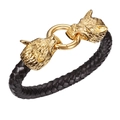 Pulsera vintage de cabeza de lobo dorada para hombre con cuero trenzado negro mate - 22cm / Dorado