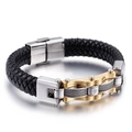 Braided black leather bracelet for men with two-tone industrial chain metal accent - Two-tone Gold (KB87228)