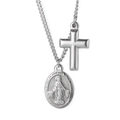 Zilveren titanium stalen ketting met kruis hanger en Maria medaillon op witte achtergrond - Zilveren Wonderbaarlijke Medaille & Kruis (KN226471-Z)