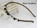 Handmade black headband featuring dark crystal beads and woven gold wire accents - Headband (3176) / Black