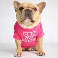 Detail of rose pink cotton pet T-shirt featuring Cute But Psycho white artistic lettering - Pattern B - Pink / S
