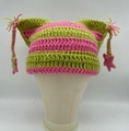 Pink and green striped cat ear beanie with star pendants and braided tassels - Pink Green Stripes