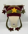 Cat ear knit beanie in red and olive stripes with star pendants on an ivory mannequin - Green Red Four Stars