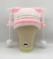 Pink and white striped knit cat ear beanie with handmade star crochet pendants - Pink White Star Pom Poms