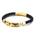 Pulsera de hombre moderna de cuero trenzado negro con cierre magnético dorado - 21cm / Dorado