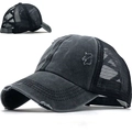 Casquette de baseball délavée avec mesh et élastique croisé pour queue de cheval - Réglable / Noir