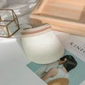 Detail eines Strohvisors mit beiger Webstruktur und gestreiftem Dekoband - Creme