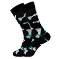 Flat lay detail of black cotton crew socks with white and green chess piece patterns - Size 38-45 / Black Bottom Chess