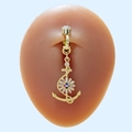 Gold plated anchor belly button ring with colorful zircons on a soft blue background - Anchor Shape Style (#5)