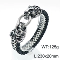 Pulsera punk de hombre con cabeza de león en cuero trenzado con doble cabeza plata y negro - Estilo Cabeza de León (KB144777-KFC) / Color Acero