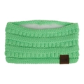 Macro detail of green knitted headband with soft fleece lining and MOK leather tag - Fluorescent Green