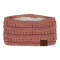 Detail of pink knitted headband with soft white fleece lining and MOK leather tag - Dusty Pink