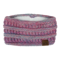 Detail of pink knitted headband with soft white fleece lining and MOK leather label - Yellow Blue Rose