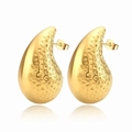 Polished gold hammered teardrop earrings in stainless steel on white background - Hammered Hollow Waterdrop (MS-225) / Gold