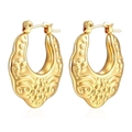 Detailed macro view of gold-plated hollow hoop earrings with vintage relief pattern - Patterned Hollow (MS-144) / Gold