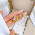 Elegant gold titanium heart stud earrings with purple crystals and floral diamond accents - D512 Heart Stud Earrings (D512 Earrings [Silver Needle Copper Real Gold Plated])