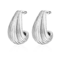 Pair of silver stainless steel teardrop earrings with vertical textured finish on white background - Cast Ribbed Waterdrop (MS-230) / Steel