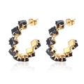 Golden C-shaped stainless steel earrings featuring square cut black zircon stones - Black Zirconia (MS-498)