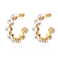 Golden C-shaped hoop earrings featuring square-cut clear zircons on a white background - White Zirconia (MS-498)