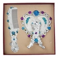 Vintage silver metal heart mirror and hair comb gift set with colorful floral details - Blue Purple Green Rose Relief (Silver) / Rich Silver White