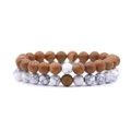 Close-up of 8mm natural stone beaded bracelets showing brown and white marble textures - Wood Grain Stone + White Vein Turquoise