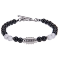 Men's 10mm obsidian and white marble stone bracelet with silver T-bar clasp - Howlite