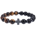 Bracciale da uomo in perle occhio di tigre e onice nero con ciondolo a croce nera - Bracciale in Occhio di Tigre e Ossidiana