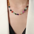 Multicolor natural agate beaded necklace with gold chain worn on female model - Faceted Agate Necklace-40+5cm(P504)