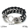 Mens punk skull leather bracelet with silver steel chain and dual skull head charms - Spade Skull Black Style (KB39706-D)