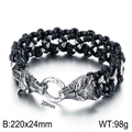 Men's braided leather bracelet with silver wolf heads and O-ring closure, 220mm length - Wolf Head Ring Black Style (KB44130-D)