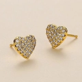 Sparkling gold heart stud earrings with cubic zirconia pavé setting for women - Gold