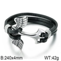 Bracciale doppio strato in pelle nera con chiusura ad ancora d'argento e piuma, 240mm - Stile Ciondolo Ancora e Piuma (KB79597-BD) / Nero