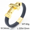 Bracciale da uomo in pelle nera intrecciata con croce d'oro in acciaio e fibbia magnetica - 22cm / Oro