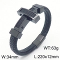 Bracciale da uomo in pelle nera intrecciata con croce in acciaio e chiusura magnetica - 22cm / Nero