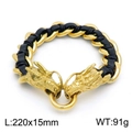 Men's punk golden dragon head braided leather bracelet with ring clasp 220mm - Style A Black Leather Gold