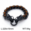 Men's punk braided brown leather bracelet with black steel dragon heads 220x15mm - Style A Brown Leather Black