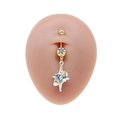 Golden planet moon navel ring with blue heart stone and pearls on belly model - Gold Star Compass