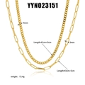 Collier double rang en acier inoxydable plaqué or 18 carats avec mailles trombone et curb - Style Double Couche Chaîne Gourmette & Trombone (YYN023151)