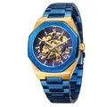 Detail of blue brushed metal strap and octagonal skeleton automatic mechanical watch - Blue