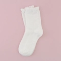 White cotton crew socks with scalloped edges and delicate openwork crochet patterns - Wavy Edge/Hollow Knit / Solid White Hollow