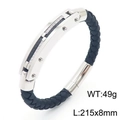 Men's black braided leather bracelet with silver stainless steel cubic zirconia inlay - 21.5cm Fiber Style Steel Color