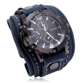 Punk style wide dark blue leather watch with vintage stitching and multi-dial face - Retro Blue