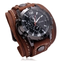 Vintage punk men's wide cuff watch with dark brown leather strap and decorative black dial - Retro Brown