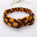 Knotted yellow headband with dark blue geometric patterns and elastic band - Large Yellow Plaid